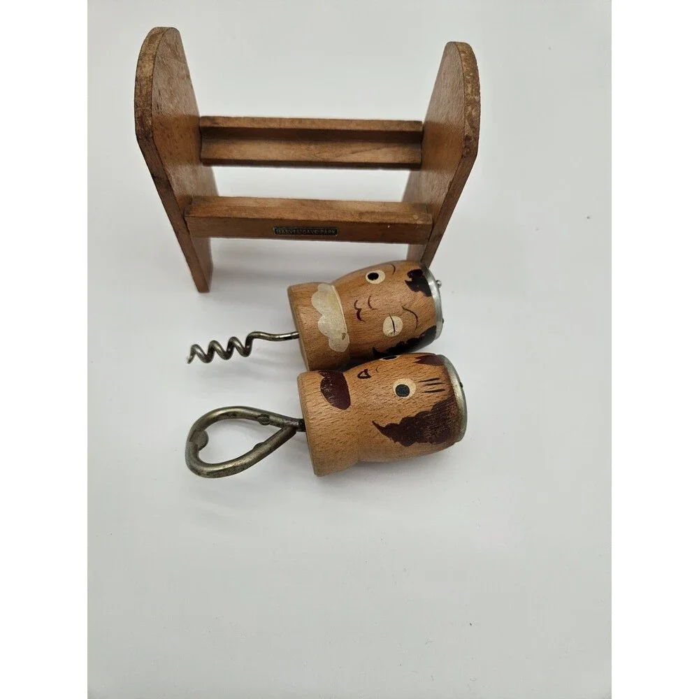 New York StateSalt & Pepper Shaker Bottle Opener Corkscrew Set Wood Vtg B7#32
